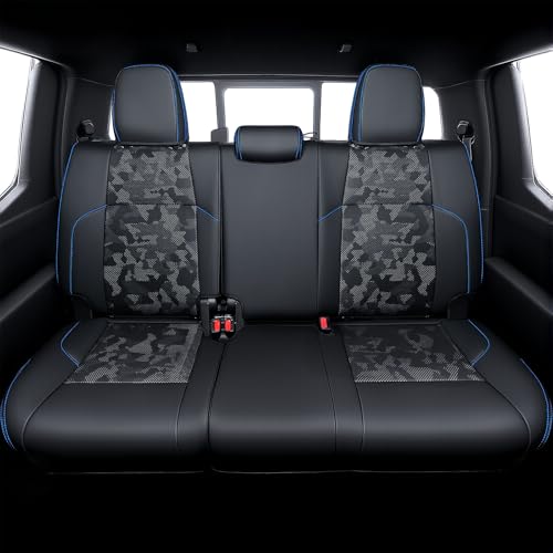 bgucar Leather Seat Covers Custom Fit for 2024-2026 Tacoma Gen 4th Double Cab - Fully Covered - Fit Like a Glove - Center Console Armrest Covers Included - Camouflage Black & Blue Stitching - Image 2