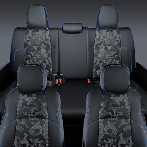 bgucar Leather Seat Covers Custom Fit for 2024-2026 Tacoma Gen 4th Double Cab - Fully Covered - Fit Like a Glove - Center Console Armrest Covers Included - Camouflage Black & Blue Stitching - Image 3