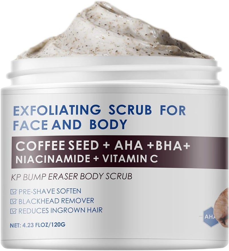 KP Bump Eraser Body Scrub Coffee Scrub with AHA BHA Exfoliating Body Scrub for Bikini Area Body Exfoliator Exfoliant for Chicken Skin Strawberry Leg Scrub