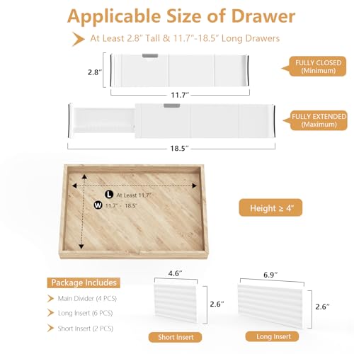 KABUM Upgrade Adjustable Drawer Divider Organizer Clothes Dresser Organizer,Expandable Organization for Home, Office,2.8" High Expandable from 11.7" to 18.5",4 Dividers with 6 Long and 2 Short Inserts - Image 2