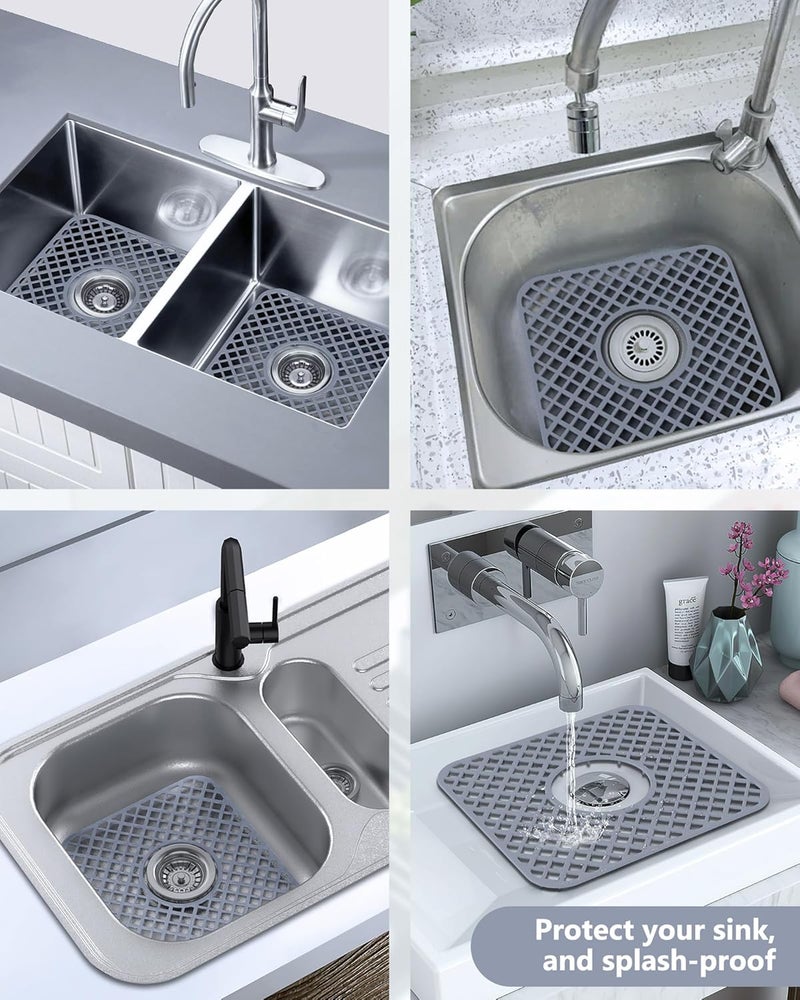 BEHOK Store 2 Pack Silicone Sink Protector for Kitchen Sink, Lozenge Pattern 12 x 11" Sink Grid Mat Silicone Protectors, Center Drain, Gray - Image 5