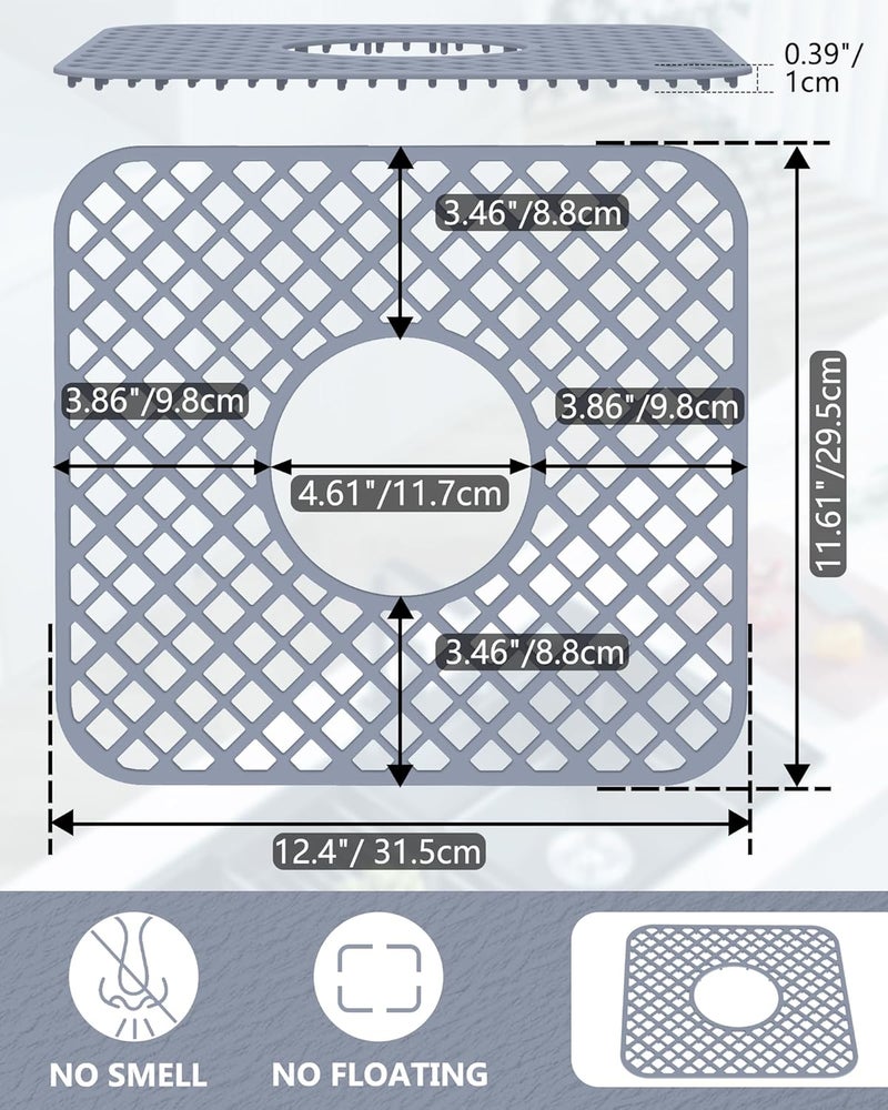 BEHOK Store 2 Pack Silicone Sink Protector for Kitchen Sink, Lozenge Pattern 12 x 11" Sink Grid Mat Silicone Protectors, Center Drain, Gray - Image 3