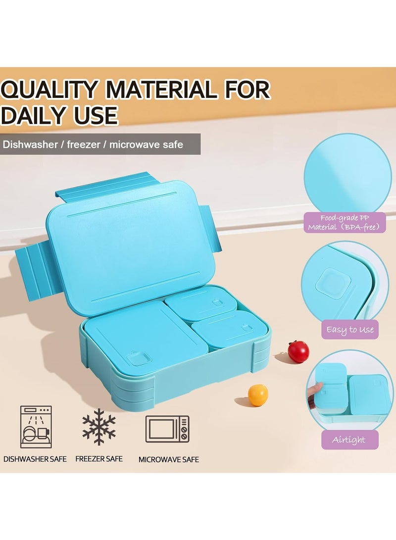 هاي هونور صندوق غداء بينتو مقاوم للتسرب للكبار والصغار - خالٍ من مادة BPA، صندوق بينتو كبير الحجم بثلاث حجرات، آمن للاستخدام في الميكروويف وغسالة الأطباق، مناسب للعمل، والحضانة، والمدرسة، والسفر (أزرق) - Image 3