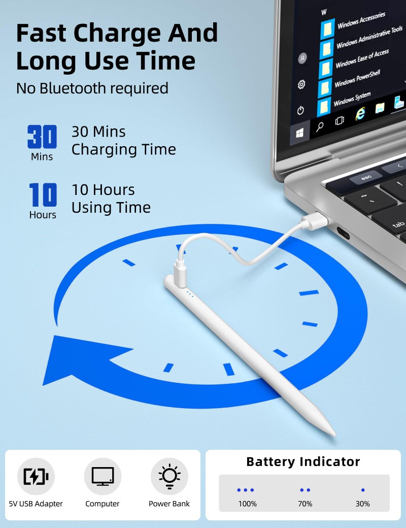 iMangoo Stylus Pens for iPad 9th Gen 10th 11th Generation,USB C Magnetic Palm Rejection Tilt Sensitivity School Student Draw with Replacement Tips Type C Active Pencil for Apple iPad 11 (A16) 10 Pro Air White - Image 3