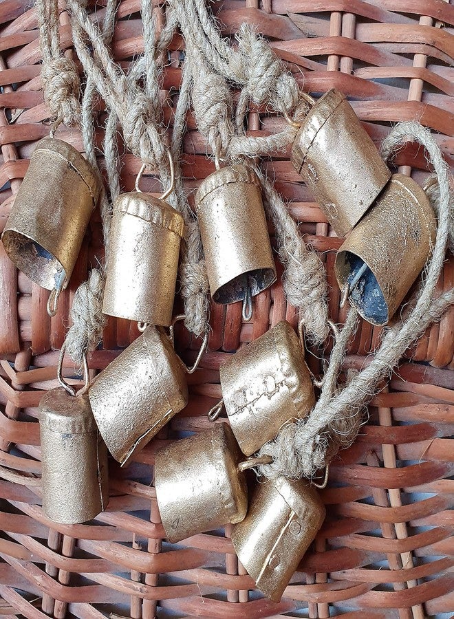HIGHBIX 4cm Small Vintage Rustic Lucky Tin Metal Cow Bells Handmade Christmas Décor Bells on Jute Rope (10, Cylinder) - Image 3