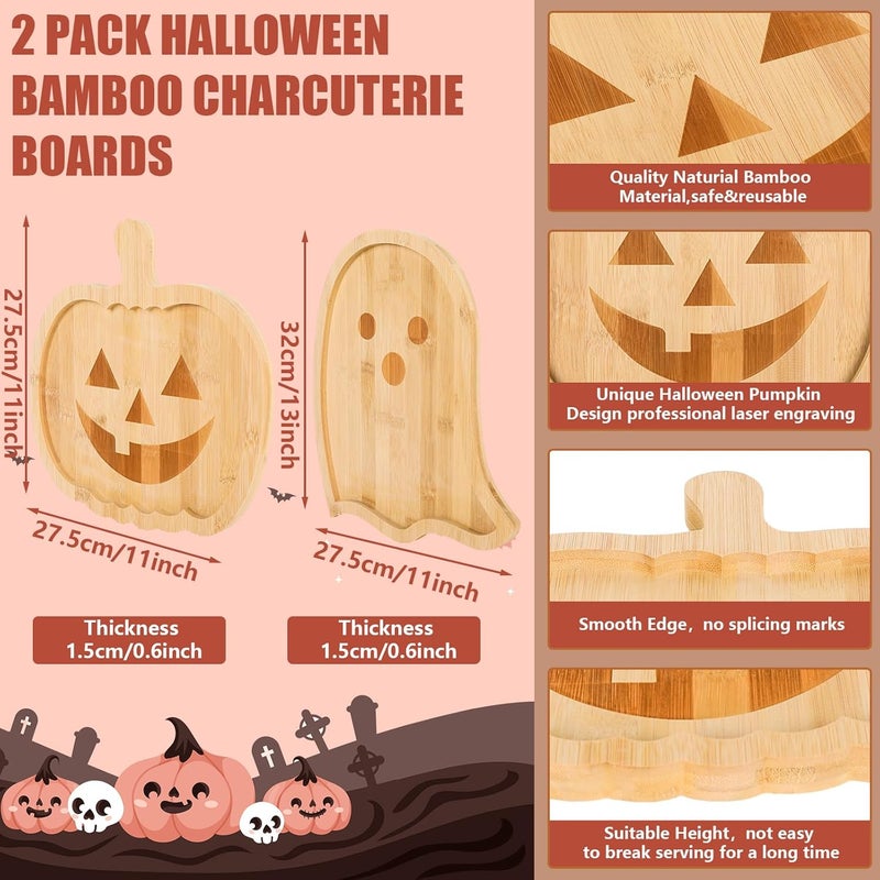 Whaline لوحة تقديم هالوين من واهلين 2 قطعة مع أطباق تقديم على شكل قرع وشبح، صينية جبن من الخيزران، أطباق مقبلات لحفلات تقديم الطعام في المنزل - Image 2