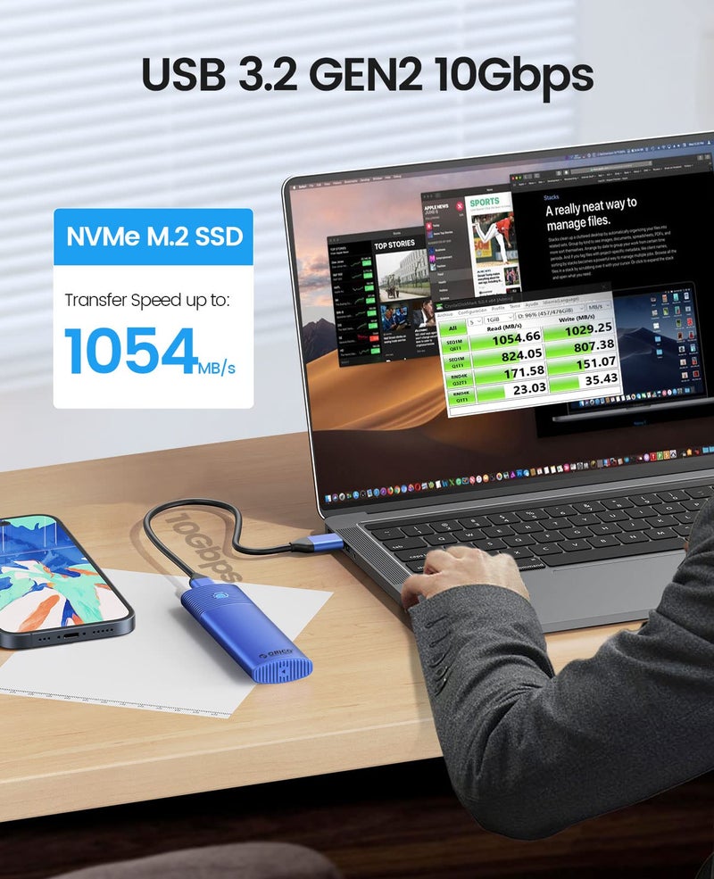 ORICO Aluminum M.2 NVMe SSD Enclosure, Tool-Free 10Gbps USB C Adapter, USB 3.2 M.2 NVMe Reader, External SSD Case Thunderbolt 3 Compatible, Supports 4TB 2230/2242 /2260/2280 PCIe M-Key SSDs-PWM2-BL - Image 3