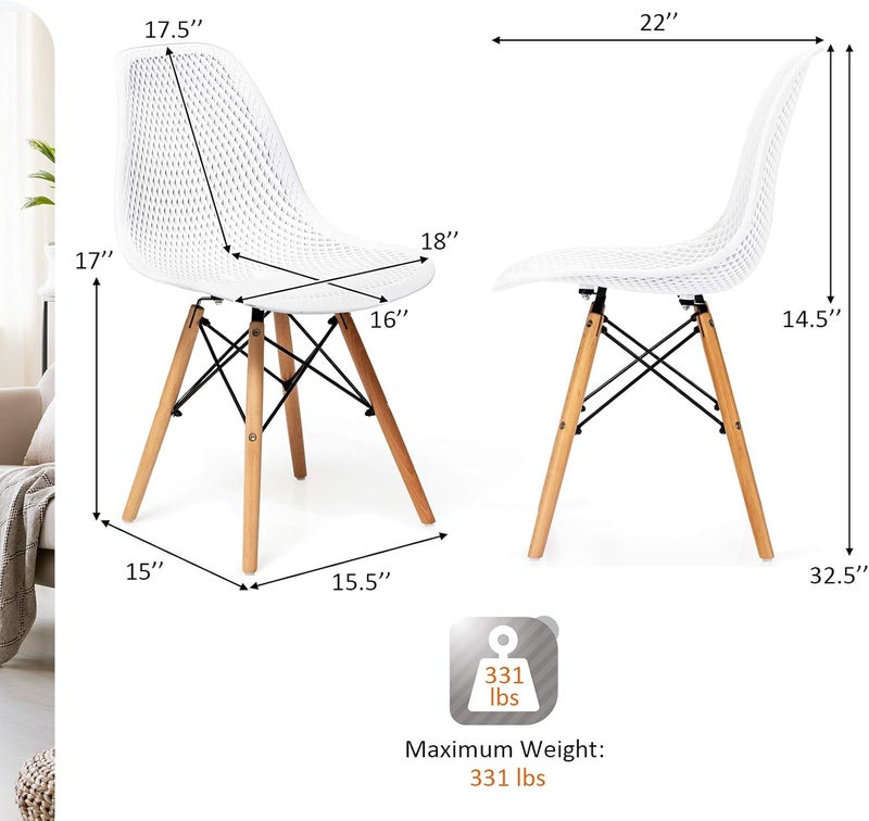 Giantex Set of 2 Modern Dining Chairs, Outdoor Indoor Shell PP Lounge Side Chairs with Mesh Design, Beech Wood Legs, Tulip Leisure Chairs, DSW Dining Chairs for Kitchen, Dining Room, White - Image 3
