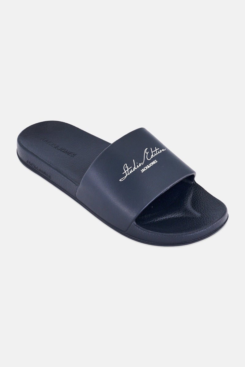JACK & JONES Men Brand Logo Slip On Slides, Black - Image 1