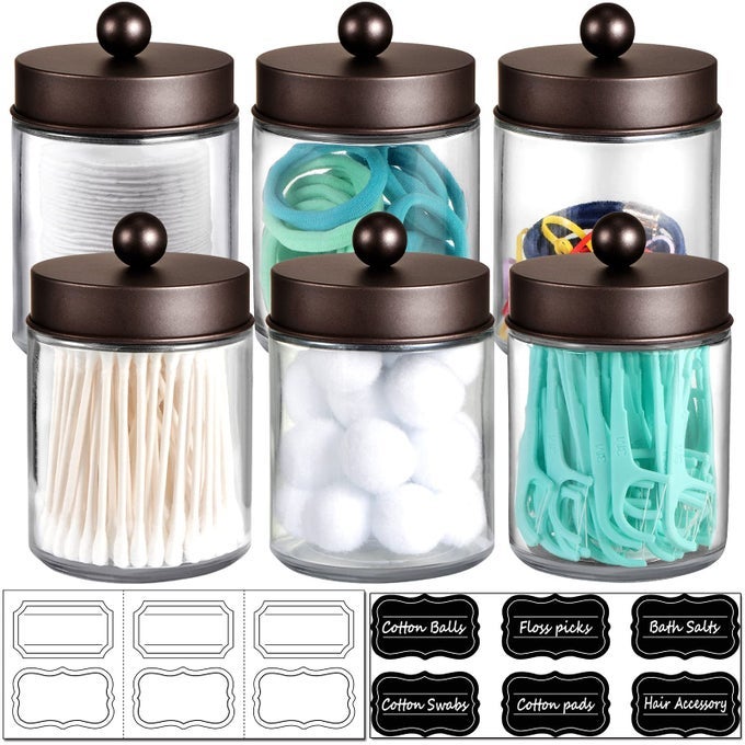 6PC APOTHECARY JARS BATHROOM VANITY ORGANIZER RUSTIC FARMHOUSE DECOR STORAGE CANISTER WITH STAINLESS STEEL LIDS QTIP DISPENSER HOLDER FOR QTIPSCOTTON SWABSROUNDSBALLFLOSSERS BRONZE