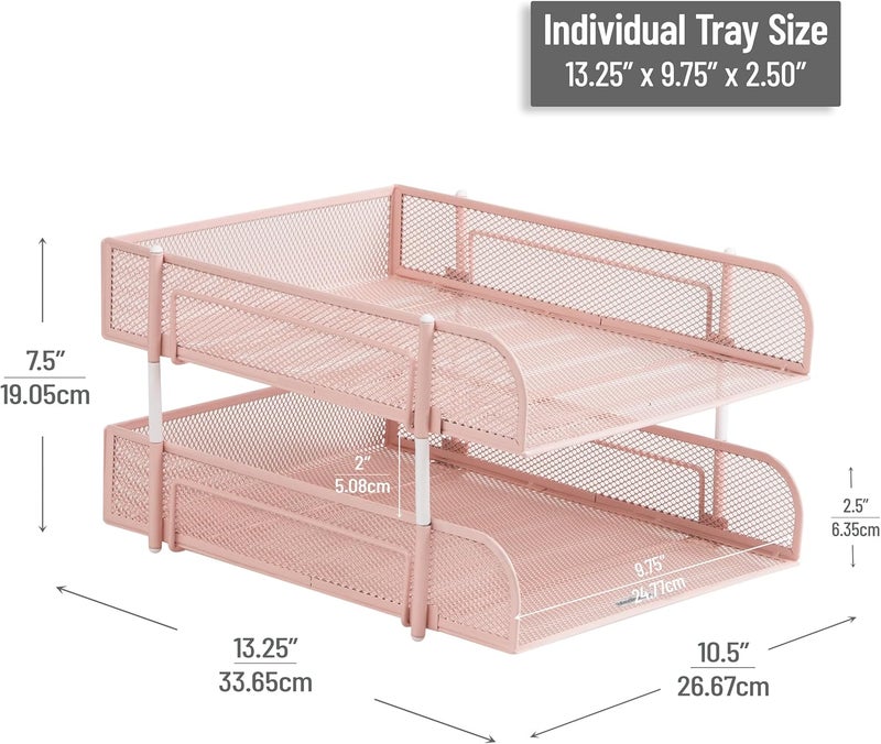 Mind Reader Stackable Paper Tray, Desktop Organizer, File Storage, Office, Metal Mesh, 2 Pcs, Pink - Image 3