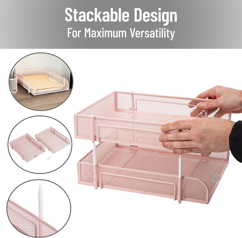Mind Reader Stackable Paper Tray, Desktop Organizer, File Storage, Office, Metal Mesh, 2 Pcs, Pink - Image 4