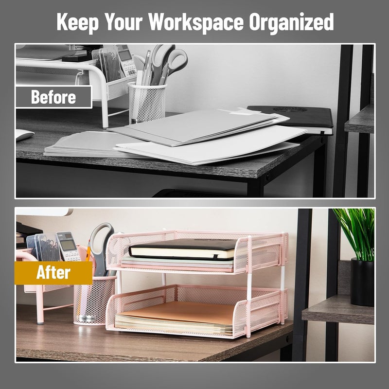 Mind Reader Stackable Paper Tray, Desktop Organizer, File Storage, Office, Metal Mesh, 2 Pcs, Pink - Image 5