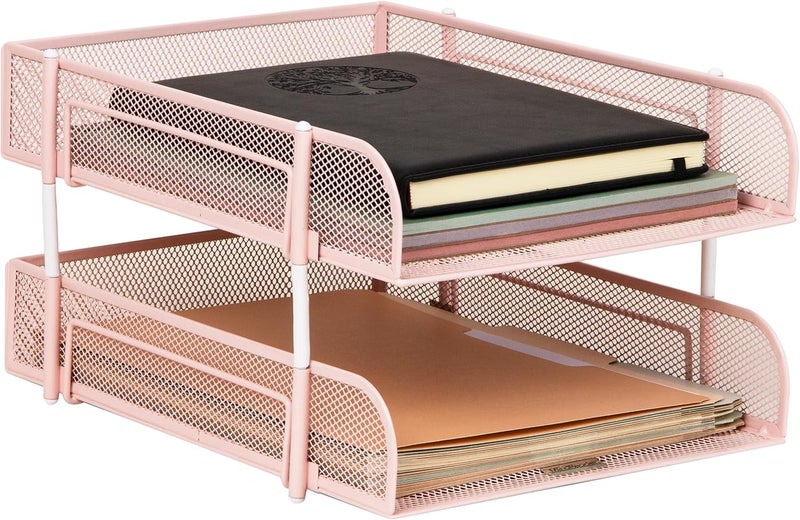 Mind Reader Stackable Paper Tray, Desktop Organizer, File Storage, Office, Metal Mesh, 2 Pcs, Pink - Image 1