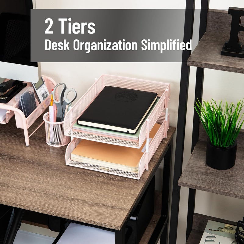 Mind Reader Stackable Paper Tray, Desktop Organizer, File Storage, Office, Metal Mesh, 2 Pcs, Pink - Image 2