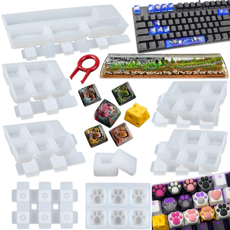 FUNSHOWCASE Keycaps Epoxy Resin Casting Molds Set for Mechanical Gaming Keyboard Polymer Clay Crafts 7 Silicone Trays with Key Puller