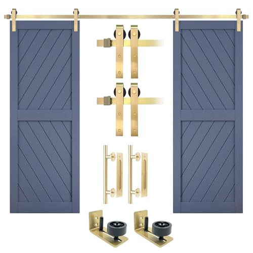 Rio Salto Gold Barn Door Hardware Kit Double Door Sliding Hardware Modern Barn Interior Gold Brushed Brass Panel Hardware 12ft Hardware ONLY Hardware Kit Plus 12ft Double Door - Image 1