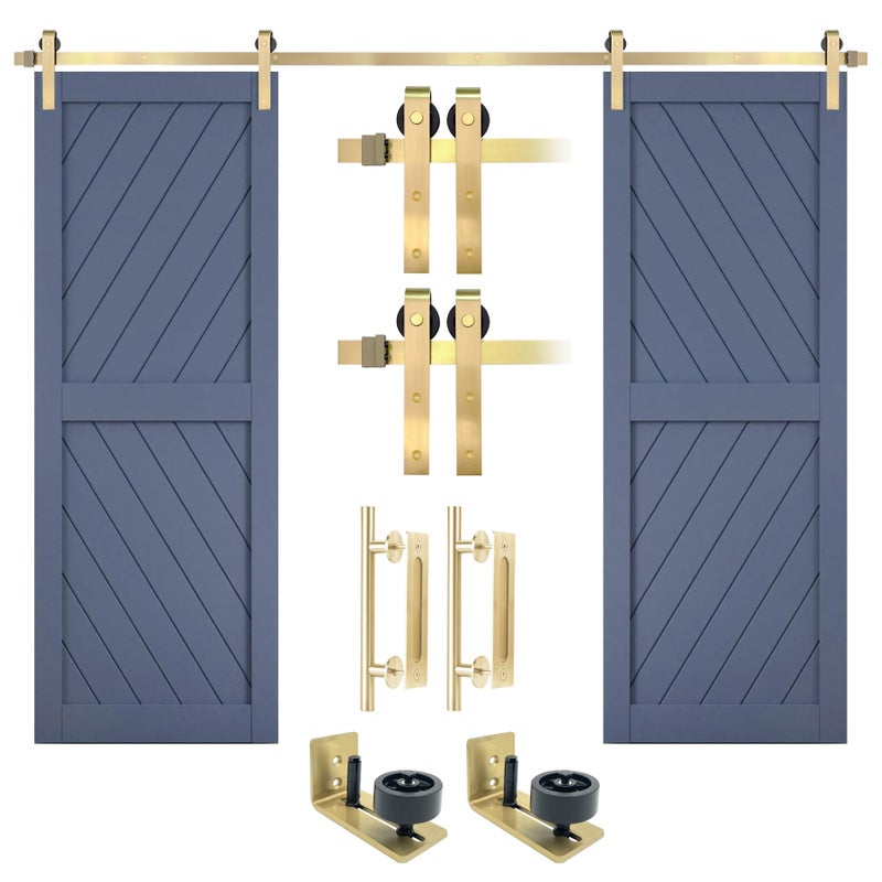 Rio Salto Gold Barn Door Hardware Kit Double Door Sliding Hardware Modern Barn Interior Gold Brushed Brass Panel Hardware 12ft Hardware ONLY Hardware Kit Plus 12ft Double Door - Image 2