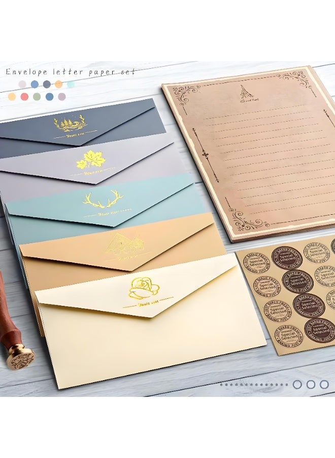 مجموعة أظرفة ورق خطابات كلاسيكي، 5 أظرفة بأنماط ذهبية، 10 أوراق قرطاسية ذات طابع قديم، 16 ملصق ختم لكتابة الخطابات، بطاقات التهنئة، الهدايا الرومانسية والحرف اليدوية - Image 1