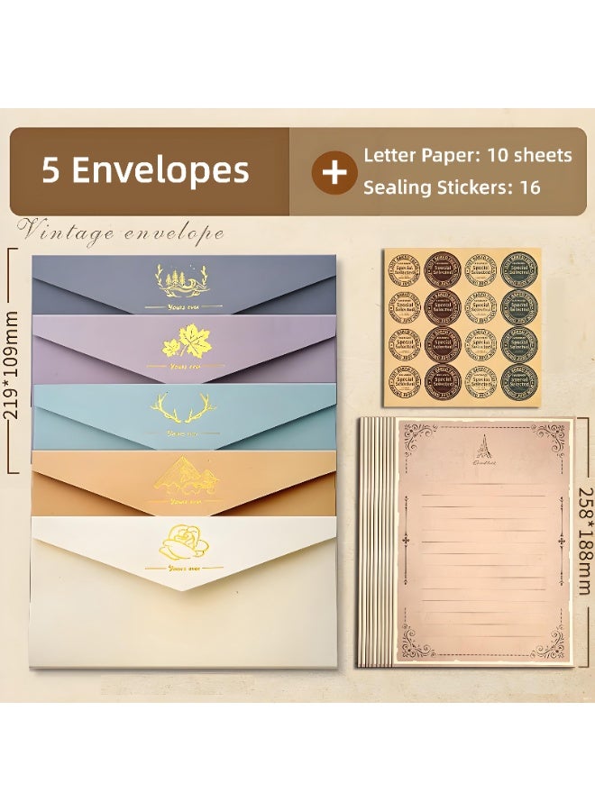 مجموعة أظرفة ورق خطابات كلاسيكي، 5 أظرفة بأنماط ذهبية، 10 أوراق قرطاسية ذات طابع قديم، 16 ملصق ختم لكتابة الخطابات، بطاقات التهنئة، الهدايا الرومانسية والحرف اليدوية - Image 2