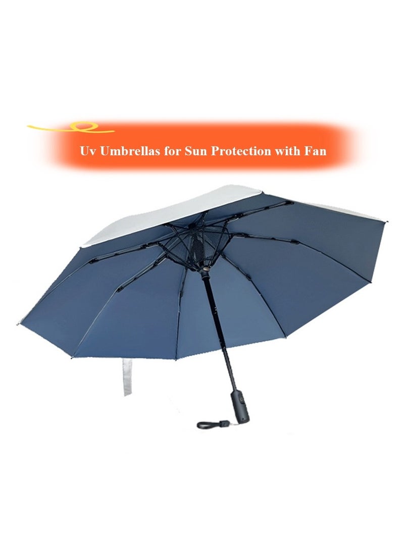 Uv Umbrellas for Sun Protection with Fan, Cooling Umbrella with Fan,Portable and Rechargeable, Travel Pocket Summer Umbrella for Sun or Rain, Umbrella with fan Silver and Blue - Image 1