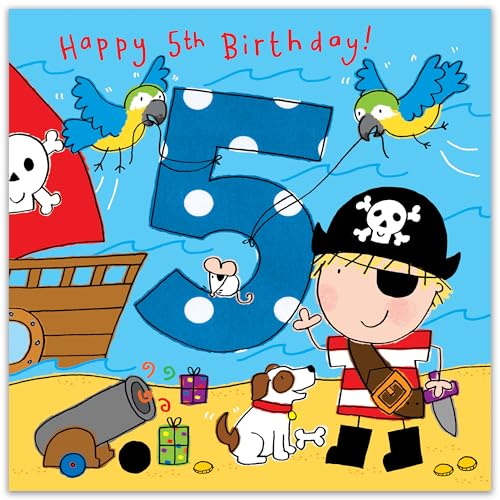 Twizler 5th Birthday Card Boy Pirate – Age 5 Birthday Card – Boys Birthday Card Age 5 – Happy Birthday Card 5 Year Old Boy - Childrens Birthday Cards – Happy Birthday Card Boy – Card Age 5 Boy - Image 2