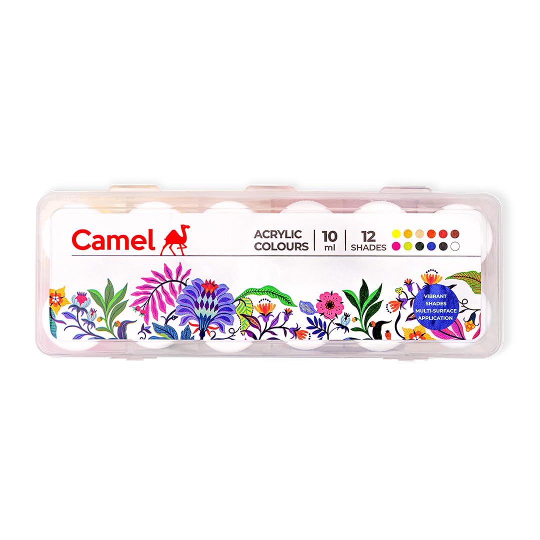 Camel Acrylic Ultra Colour - 12 Rich Shades (10ml each) | Multi-Surface DIY Paints | Vibrant & Permanent Colors | Suitable on Canvas, Wood, Fabric, Paper and Ceramics