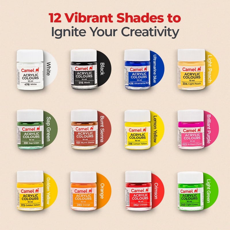 Camel Acrylic Ultra Colour - 12 Rich Shades (10ml each) | Multi-Surface DIY Paints | Vibrant & Permanent Colors | Suitable on Canvas, Wood, Fabric, Paper and Ceramics - Image 2