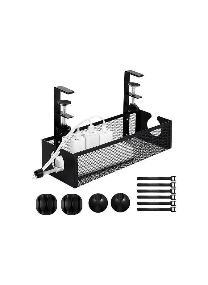 The White Shop - Black Cable Management Tray, Cable Management Under Desk No Drill, Cable Tray with Clamp & Cable Ties for Office, Home - Image 1