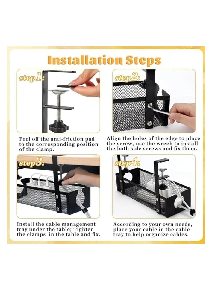 The White Shop - Black Cable Management Tray, Cable Management Under Desk No Drill, Cable Tray with Clamp & Cable Ties for Office, Home - Image 1