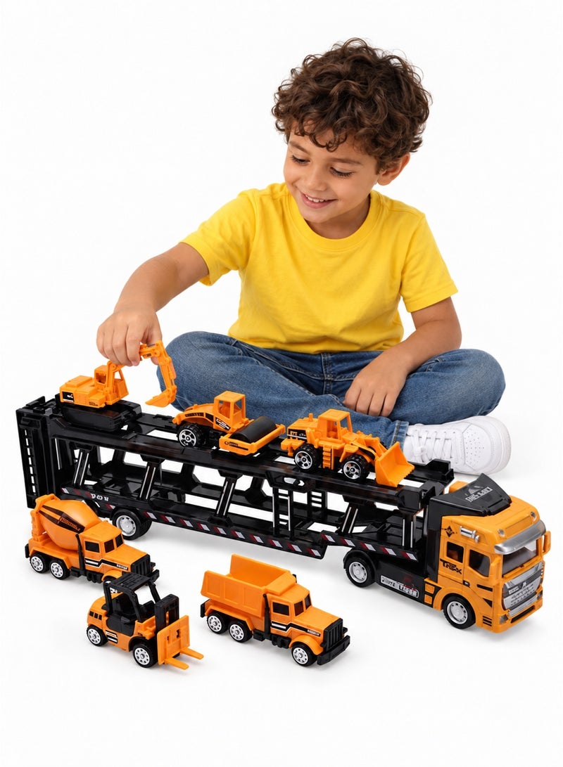 TOTOJOY Construction Vehicle Truck Toys Set for Kids Diecast Cars Play Carrier Trailer Truck with Mini Crane, Excavator, Digger, Dumper and Tractor Toys for Toddlers, Pack of 7 - Image 1