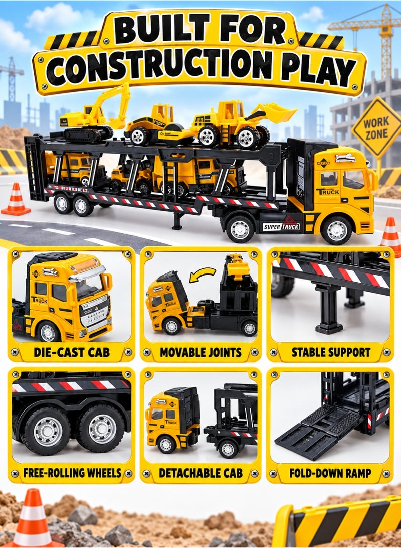 TOTOJOY Construction Vehicle Truck Toys Set for Kids Diecast Cars Play Carrier Trailer Truck with Mini Crane, Excavator, Digger, Dumper and Tractor Toys for Toddlers, Pack of 7 - Image 4