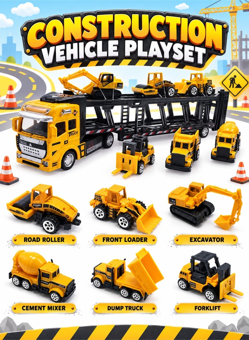 TOTOJOY Construction Vehicle Truck Toys Set for Kids Diecast Cars Play Carrier Trailer Truck with Mini Crane, Excavator, Digger, Dumper and Tractor Toys for Toddlers, Pack of 7 - Image 2