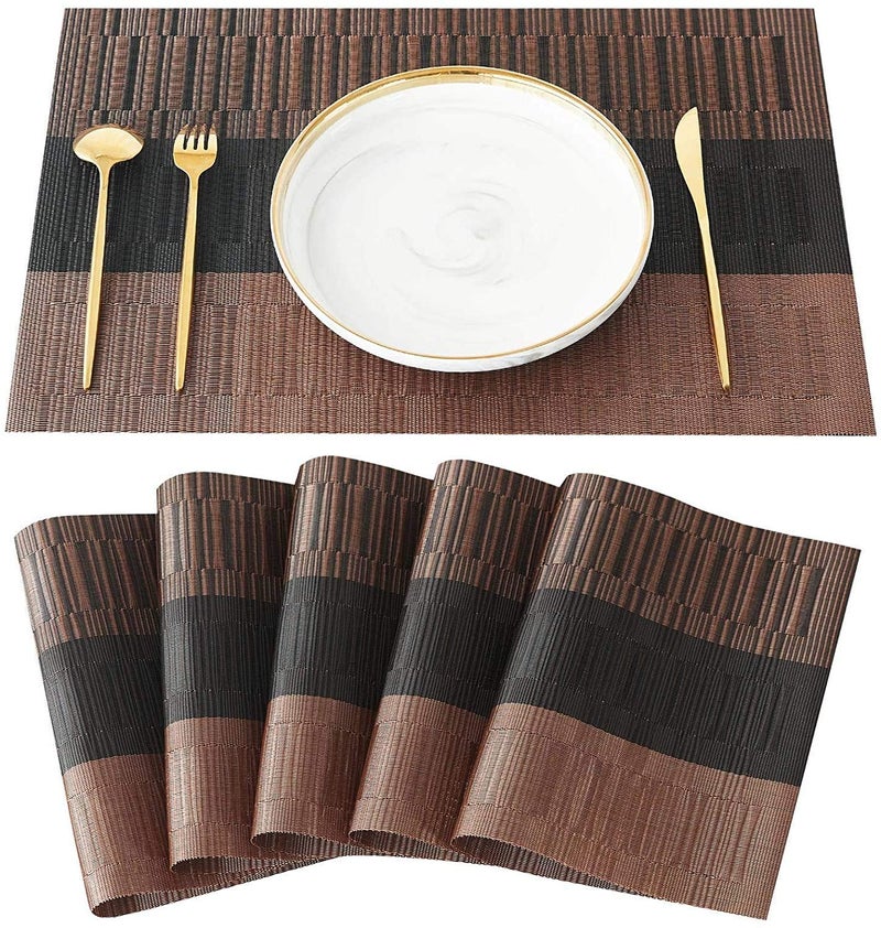 pepplo Washable Table Place Mats Table Mats PVC Placemats Non-Slip and Environmental Protection Dining Mats - Set of 6pcs (Brown-Black) - Image 1