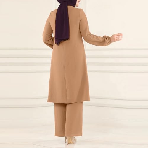 ODIZLI طقم نسائي مسلم من أوديزلي مكون من قطعتين بأكمام طويلة، فستان علوي وسروال، عباءة دبي، ملابس محتشمة للنساء، عباءة طويلة للعيد، رمضان، وملابس صلاة للكنيسة، ملابس عربية إسلامية، لون كاكي، مقاس ب س - Image 3