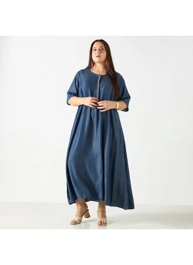 Ulla Popken Plus Size Ulla Popken Solid Maxi Dress with 3/4 Sleeves and Round Neck