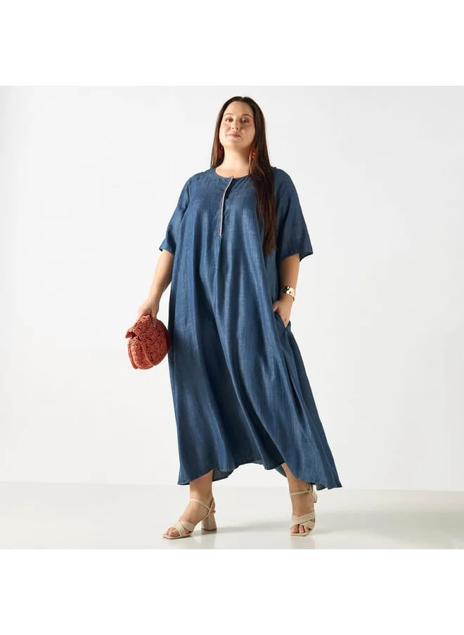 Ulla Popken Plus Size Ulla Popken Solid Maxi Dress with 3/4 Sleeves and Round Neck
