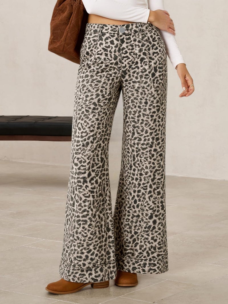 Cicy Bell Women's Floral Baggy Wide Leg Jeans Casual High Waisted Boyfriend Vintage Boho Denim Pants with Pockets Leopard - Image 2