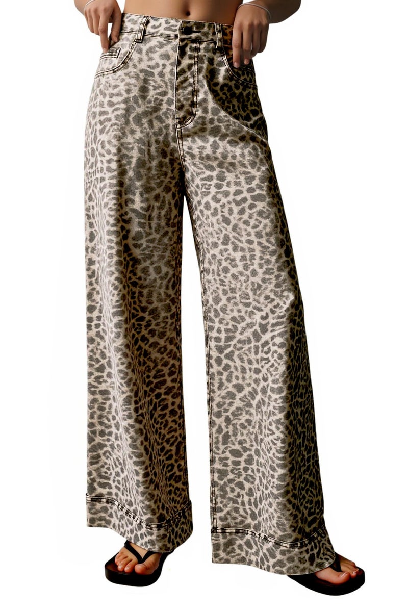 Cicy Bell Women's Floral Baggy Wide Leg Jeans Casual High Waisted Boyfriend Vintage Boho Denim Pants with Pockets Leopard - Image 1