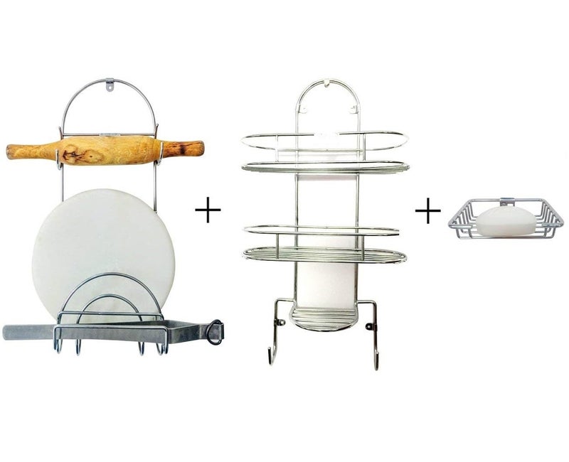 Storia STORIA Built with Heavy Duty 55 mm 304 Grade Stainless Steel Wire Chakla Belan Stand Bathroom Shelf and Soap Dish Set of 3 Pieces Combo  - Image 1