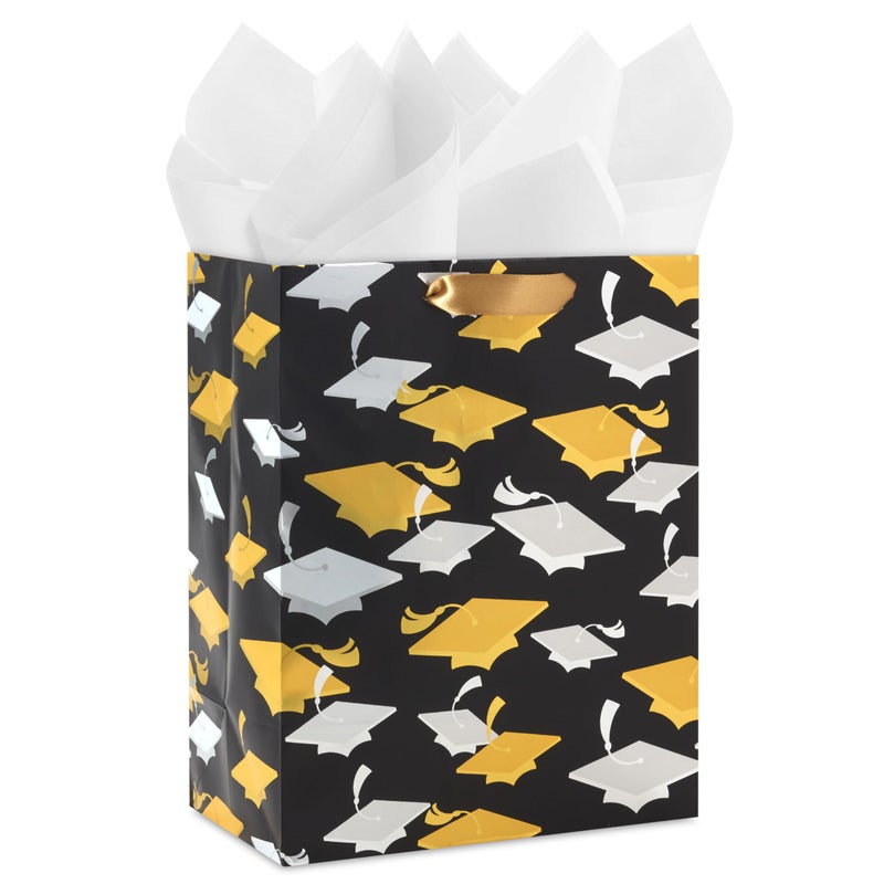 Hallmark 9"" Medium Graduation Gift Bag with Tissue Paper (Gold and Silver Mortarboards on Black) for College  High School  8th Grade  Kindergarten  Nurses - Image 1