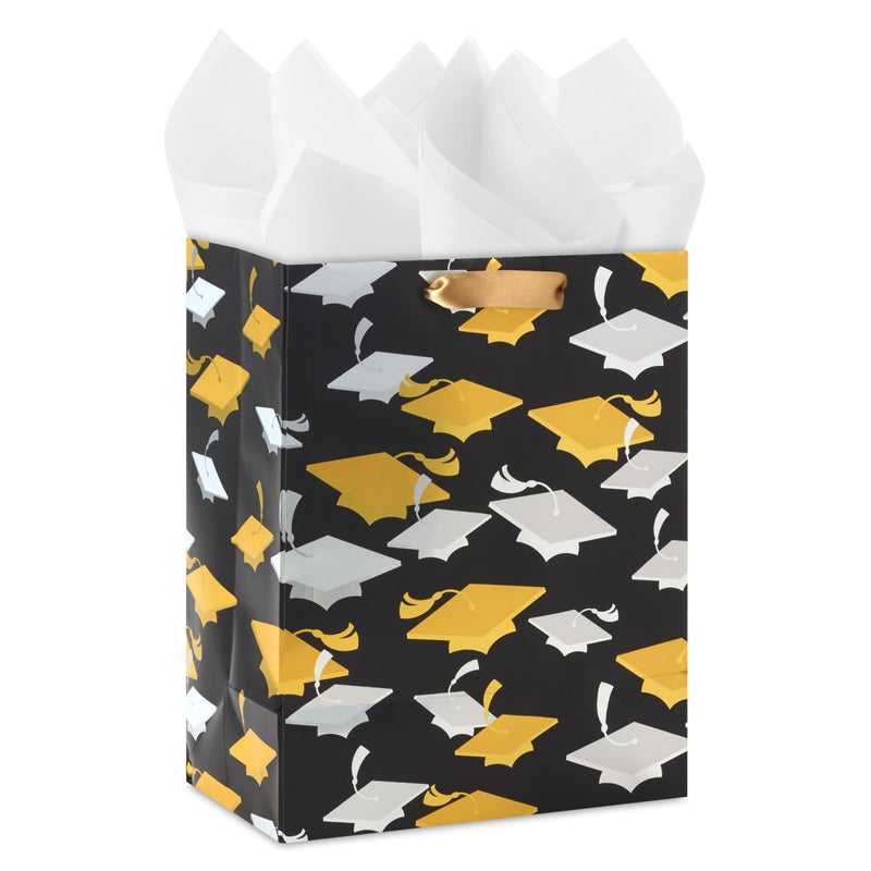 Hallmark 9"" Medium Graduation Gift Bag with Tissue Paper (Gold and Silver Mortarboards on Black) for College  High School  8th Grade  Kindergarten  Nurses - Image 4