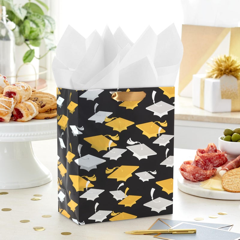 Hallmark 9"" Medium Graduation Gift Bag with Tissue Paper (Gold and Silver Mortarboards on Black) for College  High School  8th Grade  Kindergarten  Nurses - Image 2