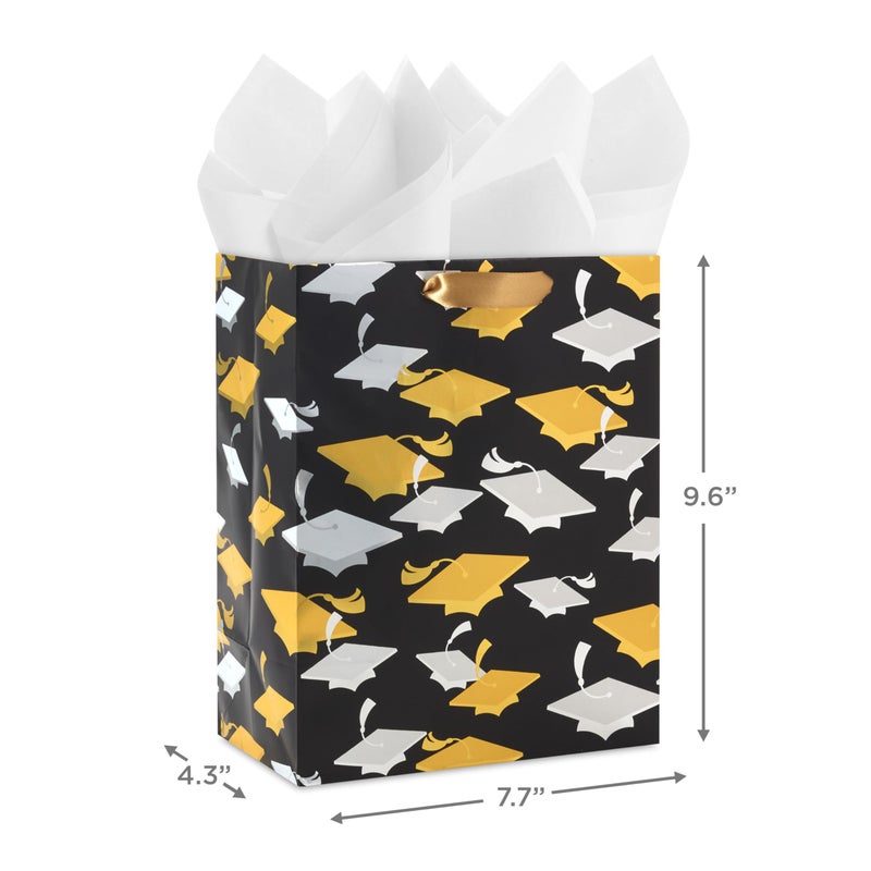 Hallmark 9"" Medium Graduation Gift Bag with Tissue Paper (Gold and Silver Mortarboards on Black) for College  High School  8th Grade  Kindergarten  Nurses - Image 3