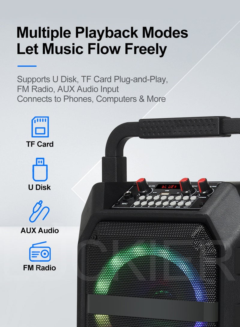 أكثر حظا آلة كاريوكي، مكبر صوت بلوتوث محمول للكاريوكي مع 2 ميكروفون لاسلكي، مكبر صوت بلوتوث مع ميكروفون، نظام مكبرات صوت وإضاءة LED، يدعم FM/AUX/USB/TF، للغناء المنزلي والحفلات الخارجية والهدايا الموسيقية. - Image 4