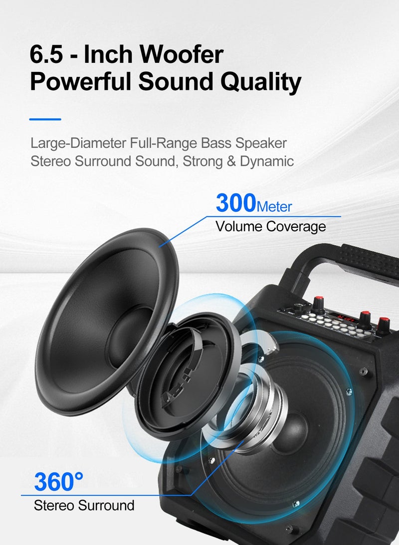 أكثر حظا جهاز كاريوكي محمول، سماعة 6.5 بوصة، ميكروفونين لاسلكيين، سماعة بلوتوث مع ميكروفون، نظام PA، طاقة 10-150 واط، أضواء LED ملونة، تسجيل بنقرة واحدة وتشغيل متكرر، دعم FM/AUX/USB/TF، 10 مؤثرات صوتية، مدخل ميكروفون خارجي 6.5 مم، تحكم في الإيكو، مناسب للغناء المنزلي والحفلات الخارجية، هدية موسيقية مثالية - Image 2