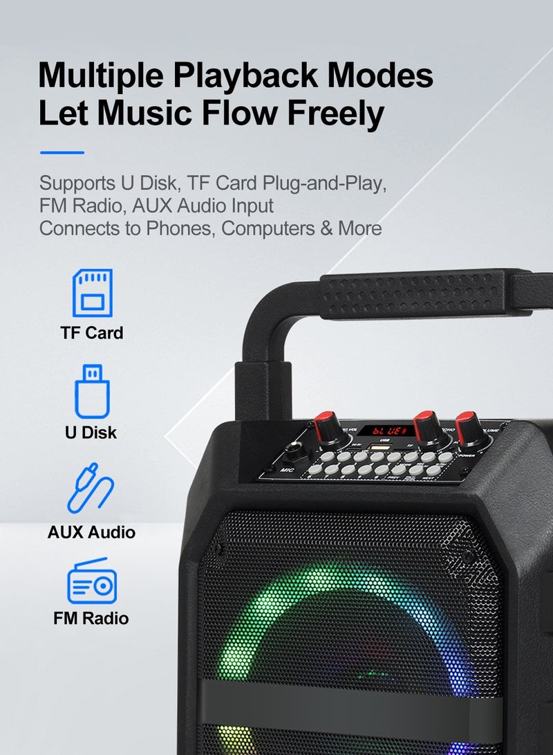 أكثر حظا جهاز كاريوكي محمول، سماعة 6.5 بوصة، ميكروفونين لاسلكيين، سماعة بلوتوث مع ميكروفون، نظام PA، طاقة 10-150 واط، أضواء LED ملونة، تسجيل بنقرة واحدة وتشغيل متكرر، دعم FM/AUX/USB/TF، 10 مؤثرات صوتية، مدخل ميكروفون خارجي 6.5 مم، تحكم في الإيكو، مناسب للغناء المنزلي والحفلات الخارجية، هدية موسيقية مثالية - Image 4