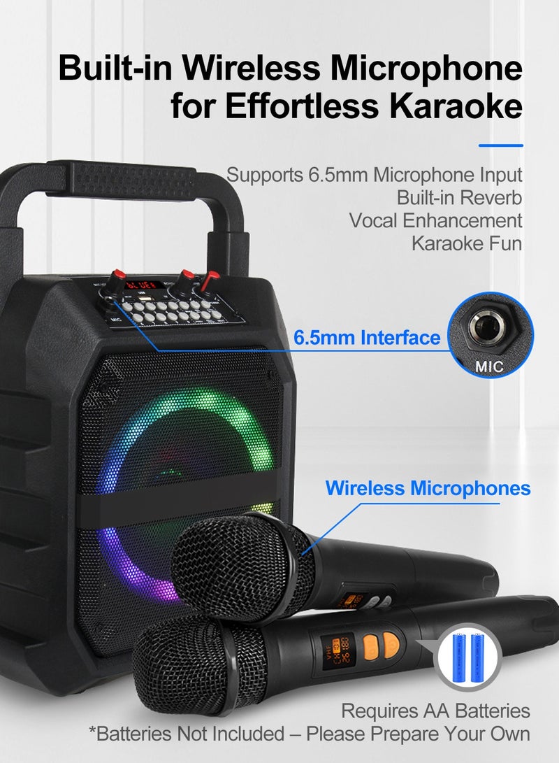 أكثر حظا جهاز كاريوكي محمول، سماعة 6.5 بوصة، ميكروفونين لاسلكيين، سماعة بلوتوث مع ميكروفون، نظام PA، طاقة 10-150 واط، أضواء LED ملونة، تسجيل بنقرة واحدة وتشغيل متكرر، دعم FM/AUX/USB/TF، 10 مؤثرات صوتية، مدخل ميكروفون خارجي 6.5 مم، تحكم في الإيكو، مناسب للغناء المنزلي والحفلات الخارجية، هدية موسيقية مثالية - Image 5