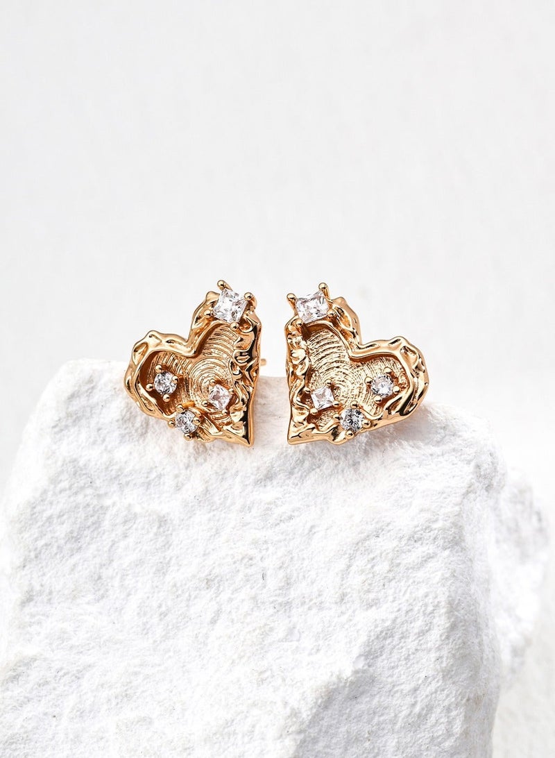 Burch Gold-Plated Heart Split Stud Earrings - Sparkling Zircon Accents, Trendy Half-Heart Design, Versatile Daily & Party Jewelry for Women (Hypoallergenic) - Image 2