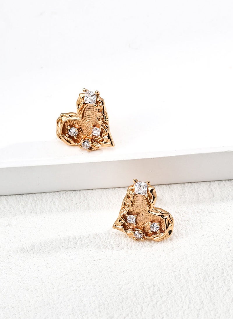 Burch Gold-Plated Heart Split Stud Earrings - Sparkling Zircon Accents, Trendy Half-Heart Design, Versatile Daily & Party Jewelry for Women (Hypoallergenic) - Image 3